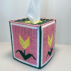 Vintage Plastic Canvas and Yarn Tissue Box Cover Pink with Yellow Flower